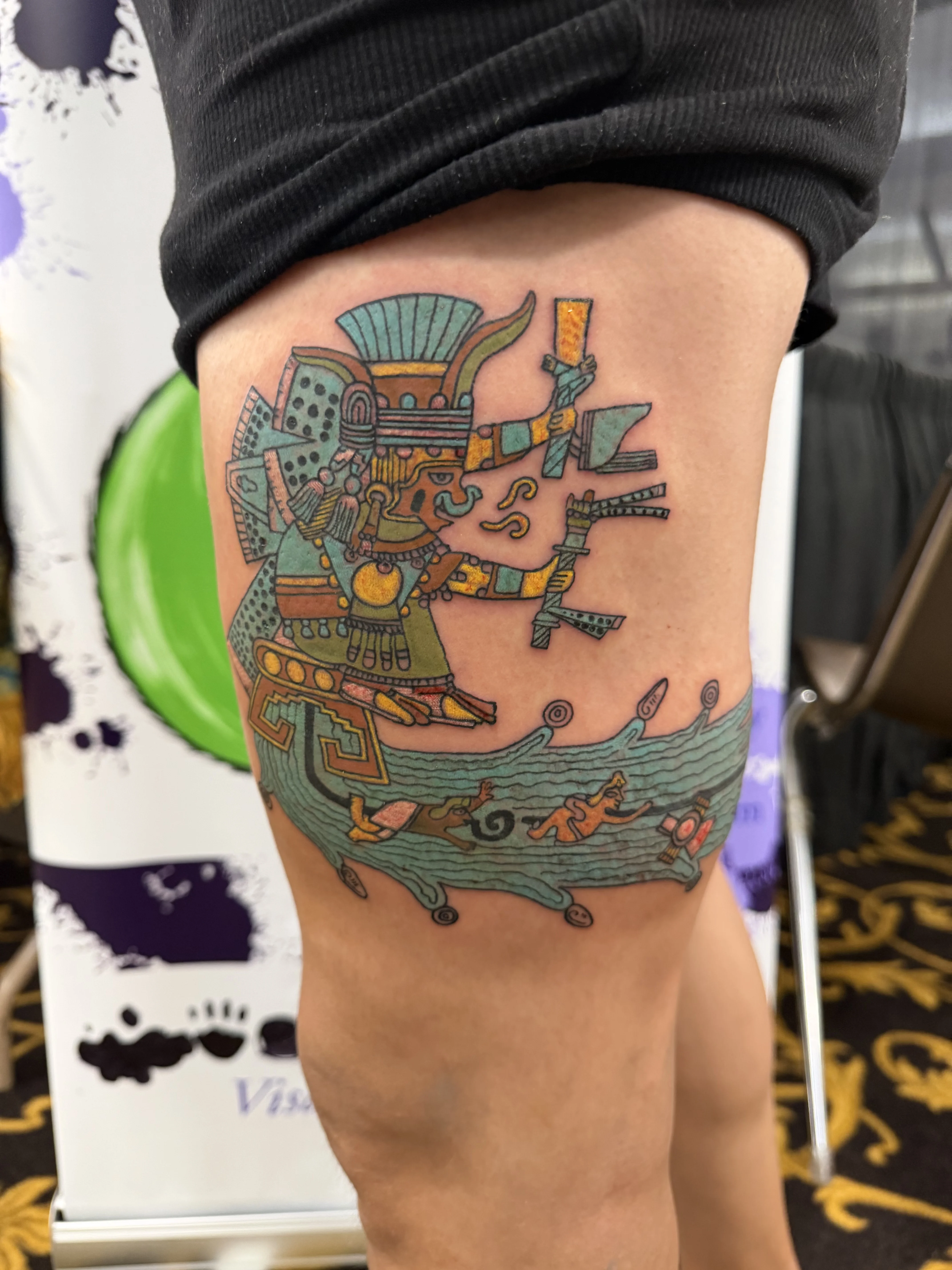 Traditional Ancient Warrior Thigh Piece: ancient warrior, headdress, boat, water, fish, mythology