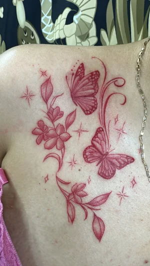 Red Fine Line Butterflies And Florals