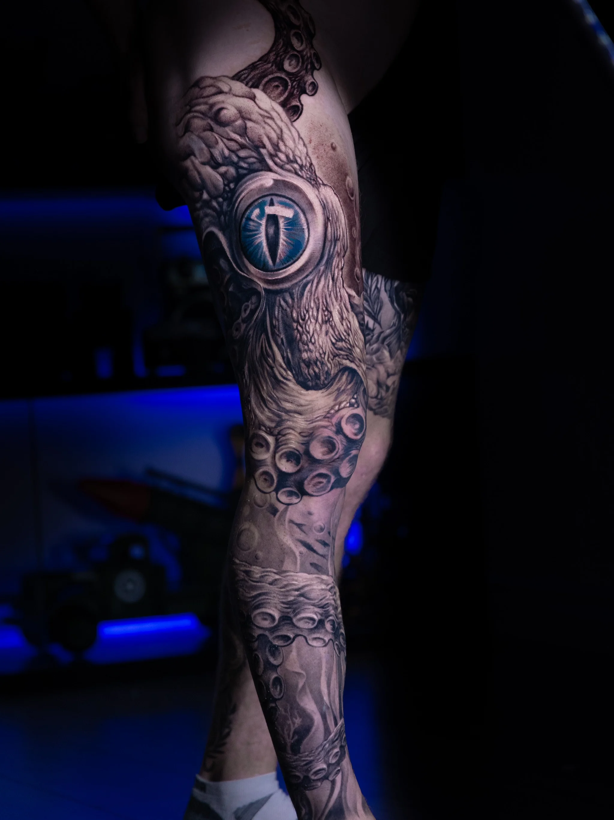 Black & Gray Realism tattoo by T-GRAN Ink: octopus, tentacles, eye, animal