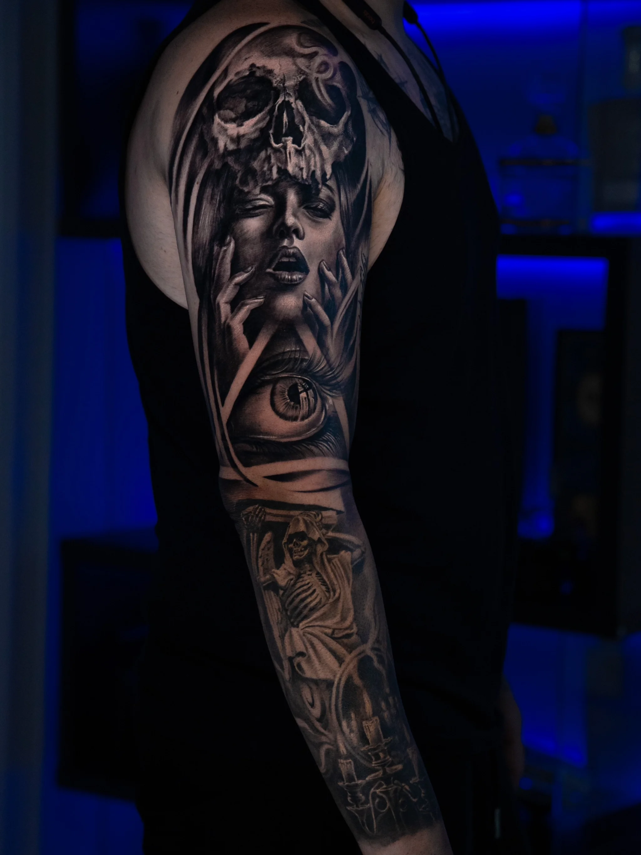 Dark Surreal Black & Grey Full Sleeve: skull, woman, eye, skeleton, candle, dark