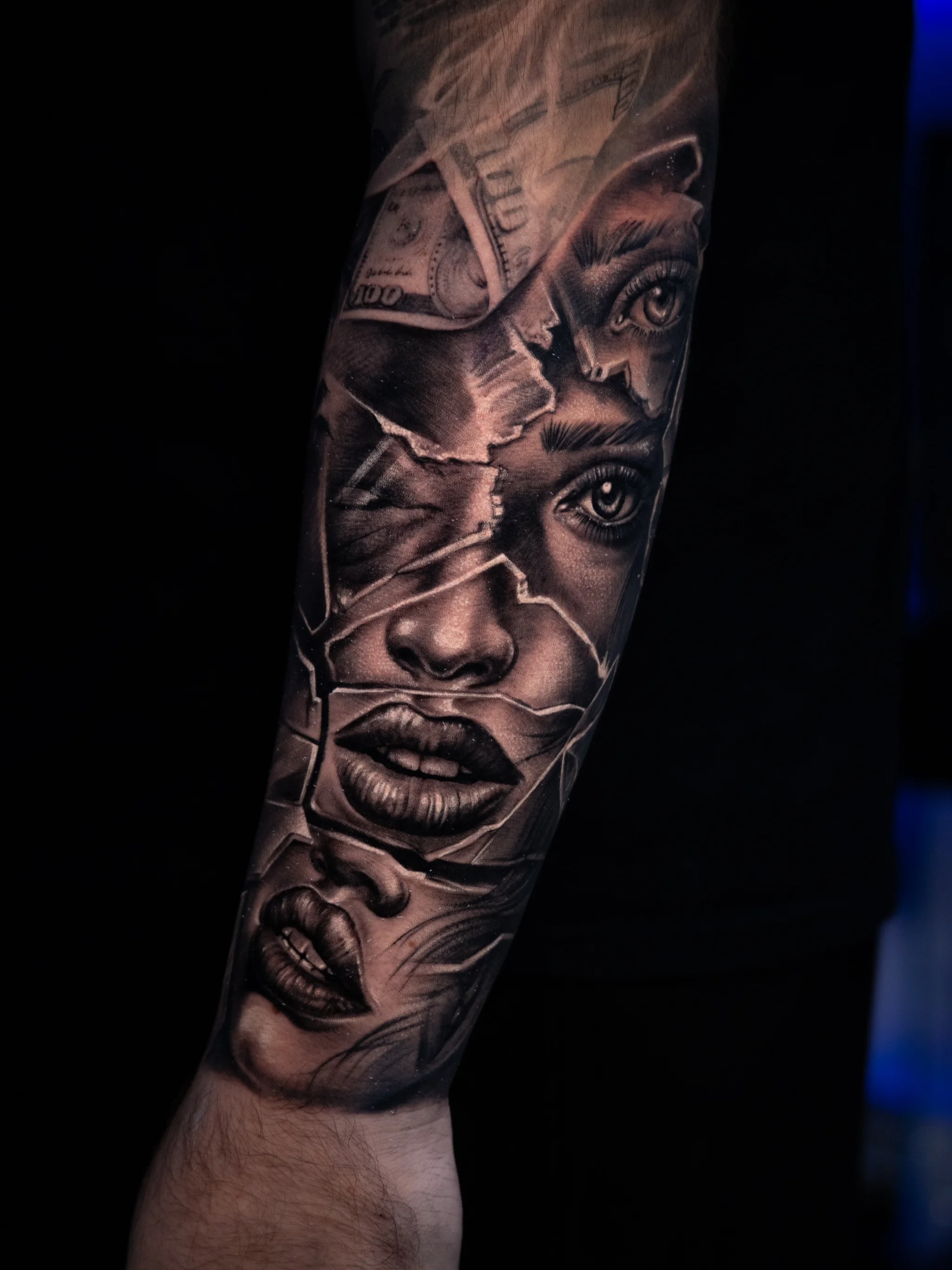 Surreal Woman Face Forearm: woman, face, eyes, lips, dollar bill, cracked glass