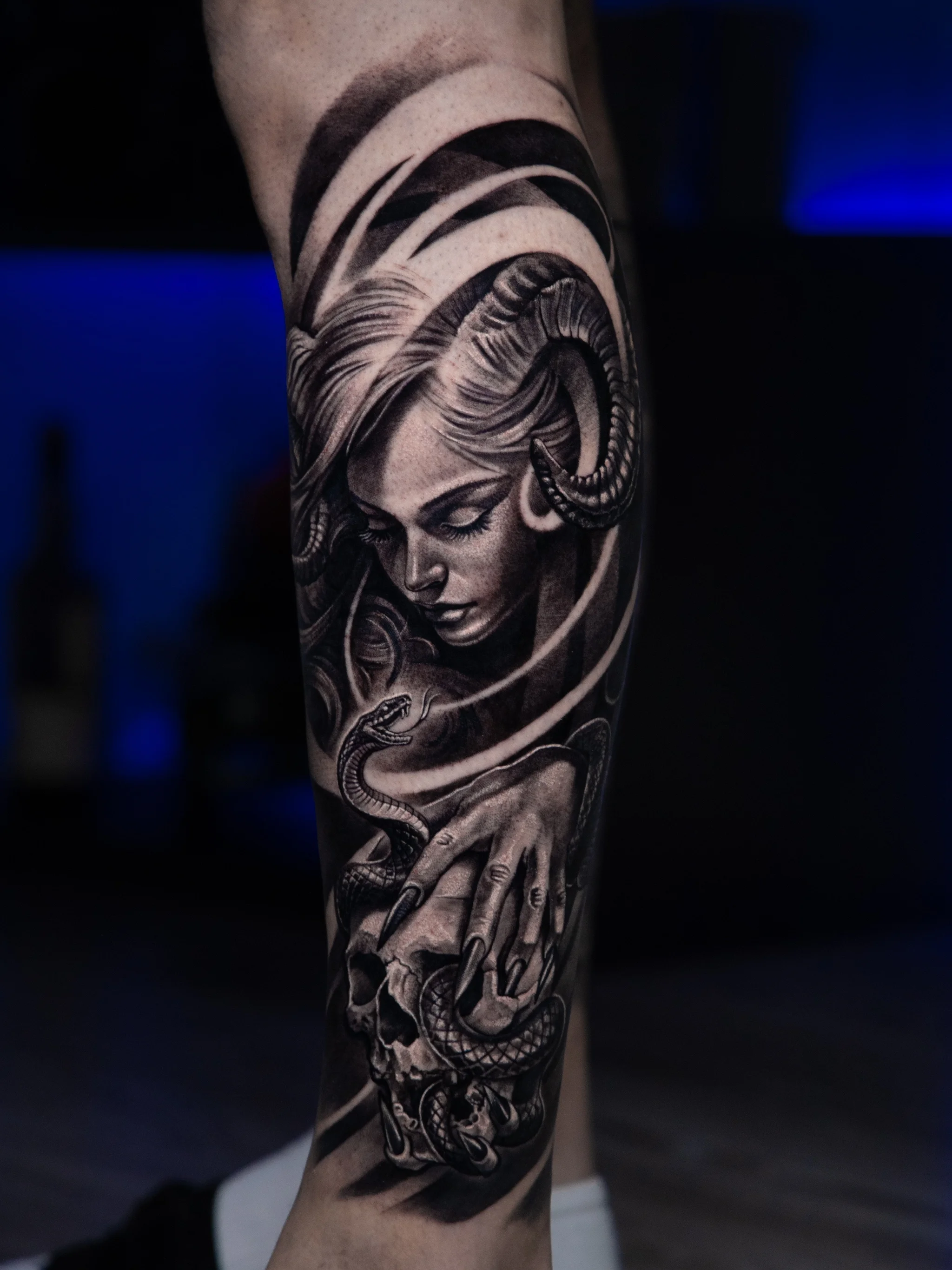 Black & Gray Realism tattoo by T-GRAN Ink: woman, horns, snake, skull