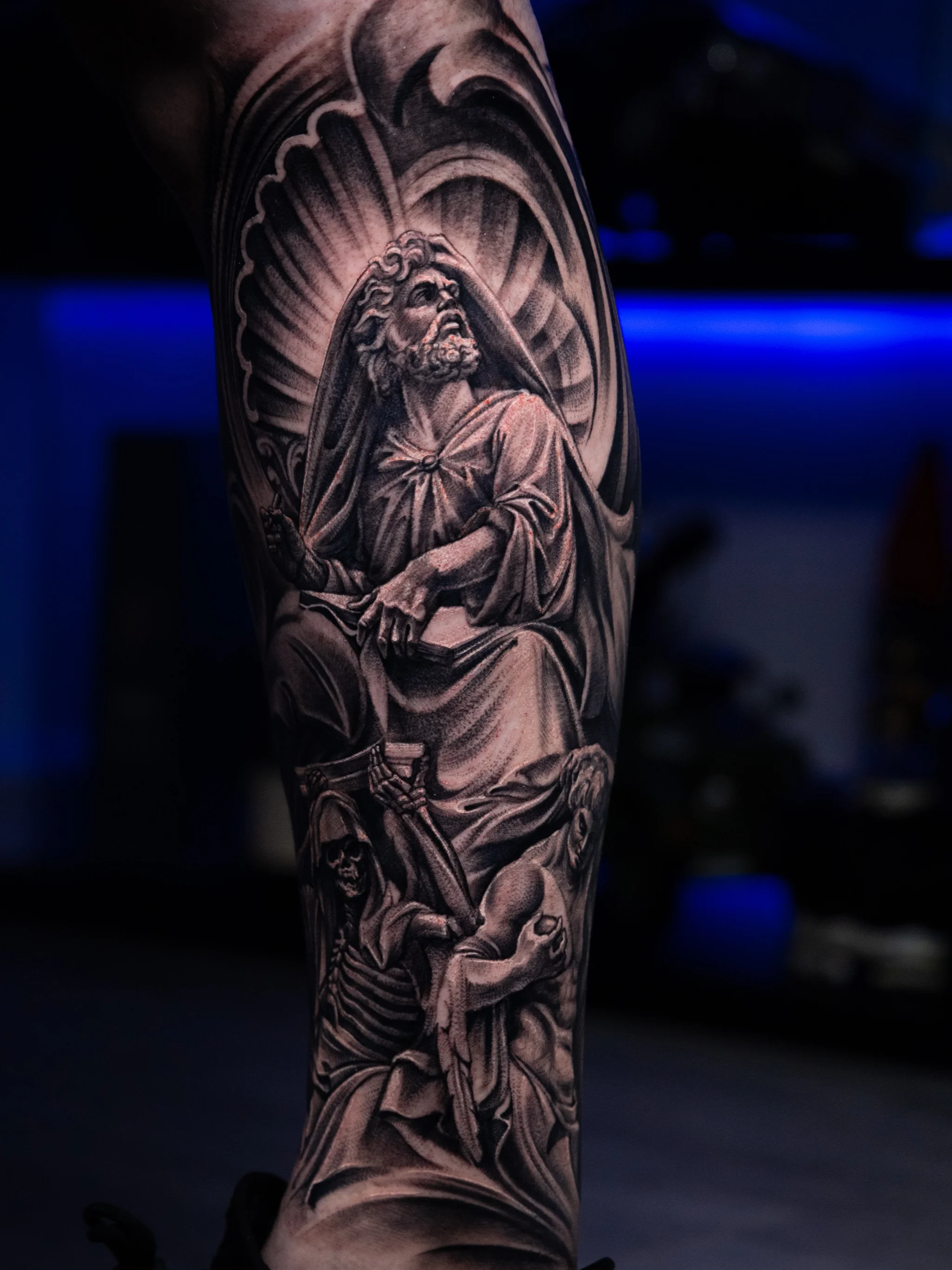 Black & Gray Realism tattoo by T-GRAN Ink: jesus, book, skeleton, angel