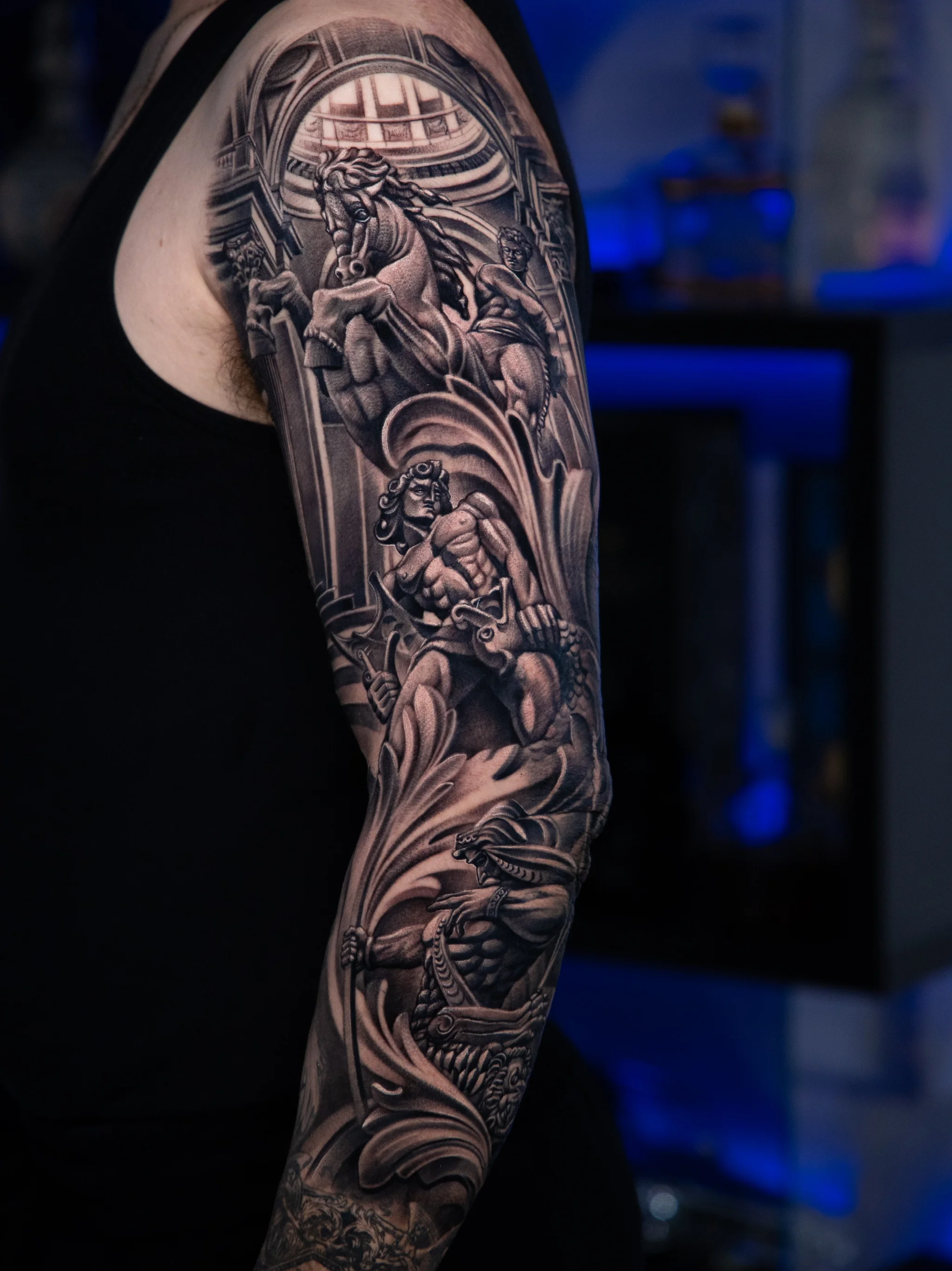 Mythological Warrior Full Sleeve: horse, man, warrior, armor, trident, helmet