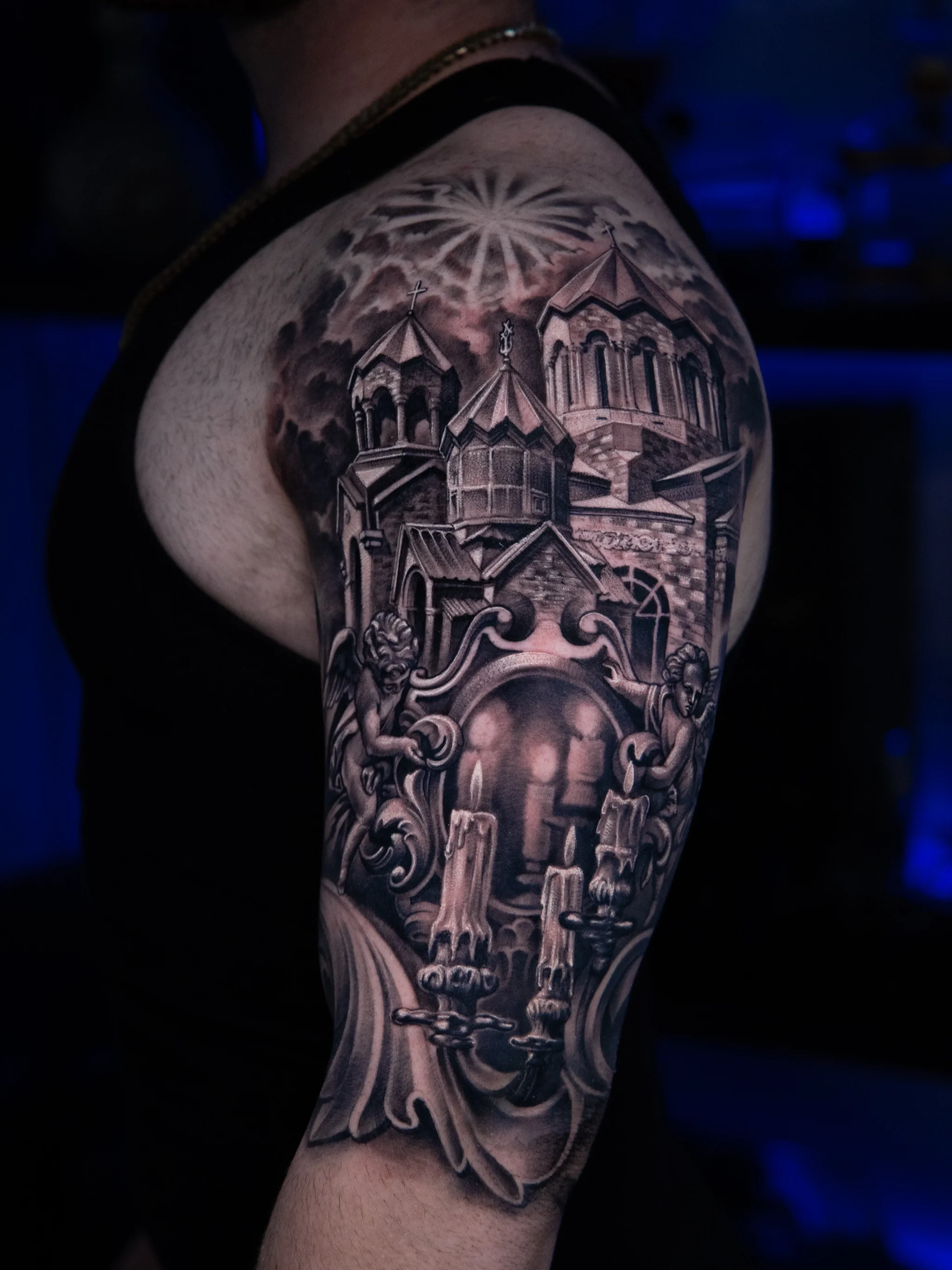 Black & Gray Realism tattoo by T-GRAN Ink: church, candles, angels, mirror