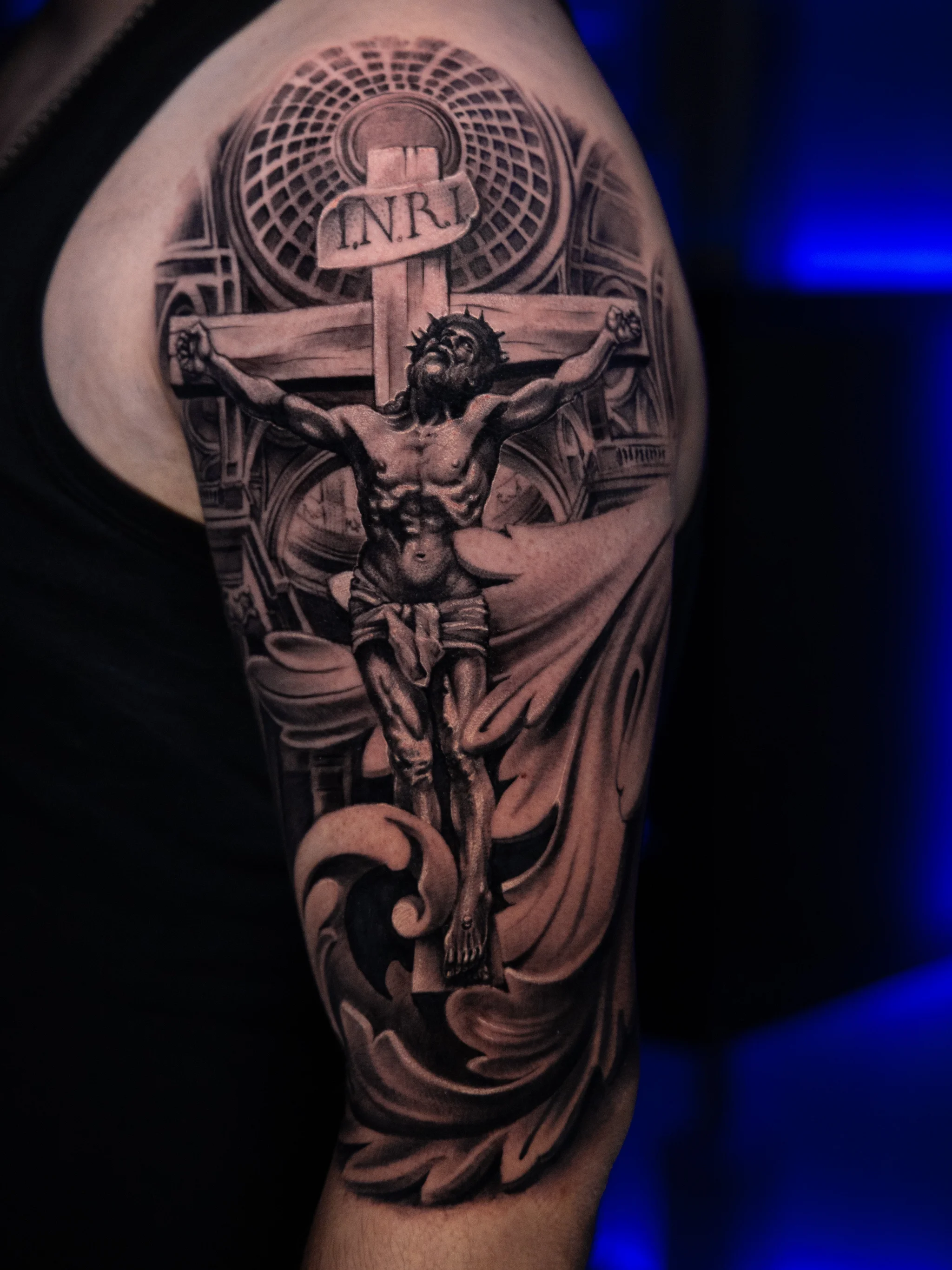 Black & Gray Realism tattoo by T-GRAN Ink: jesus, crucifix, cross, crown of thorns
