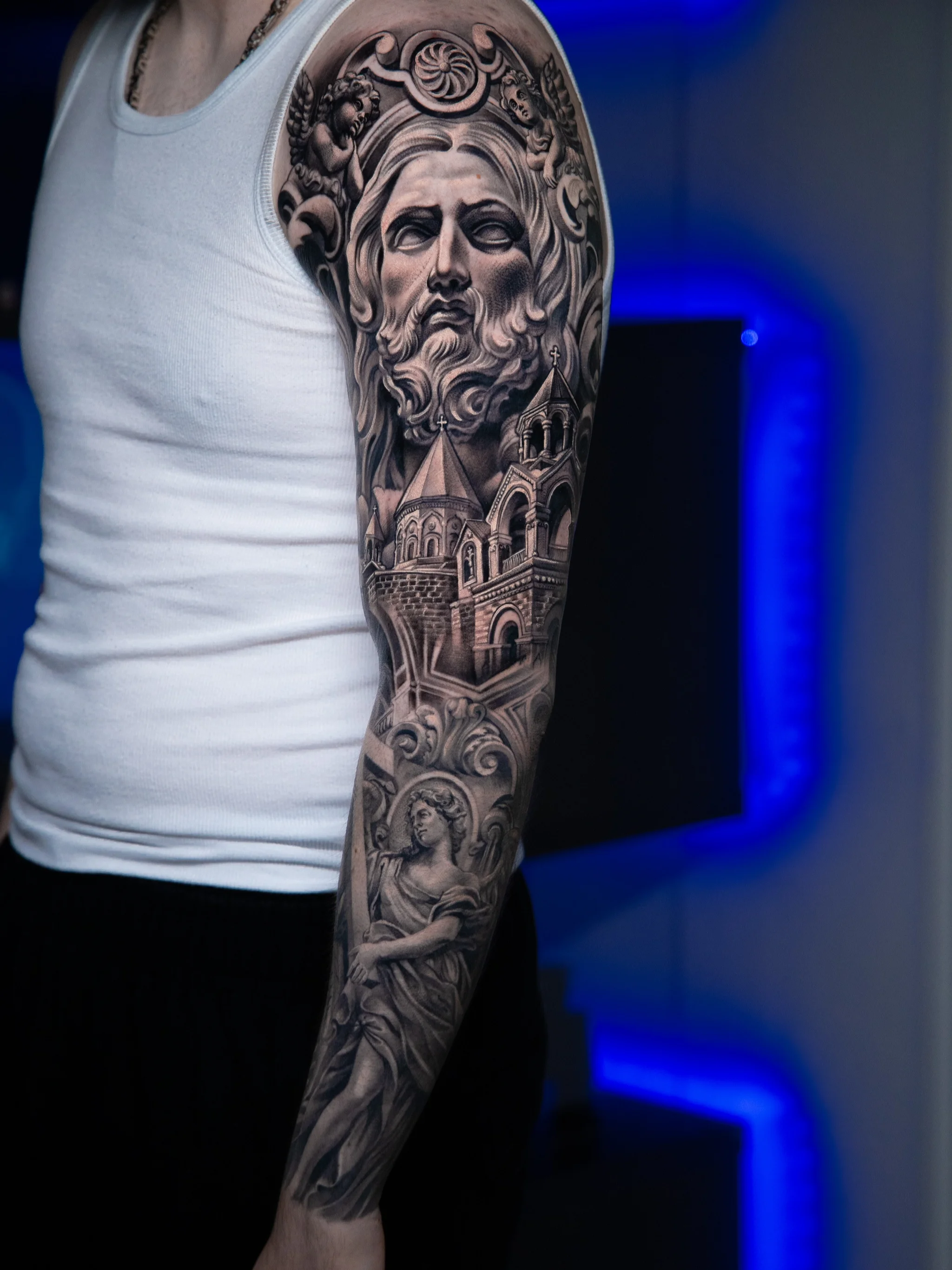 Religious Bearded Man Full Sleeve: bearded man, two cherubs, church, angel, religious, spiritual
