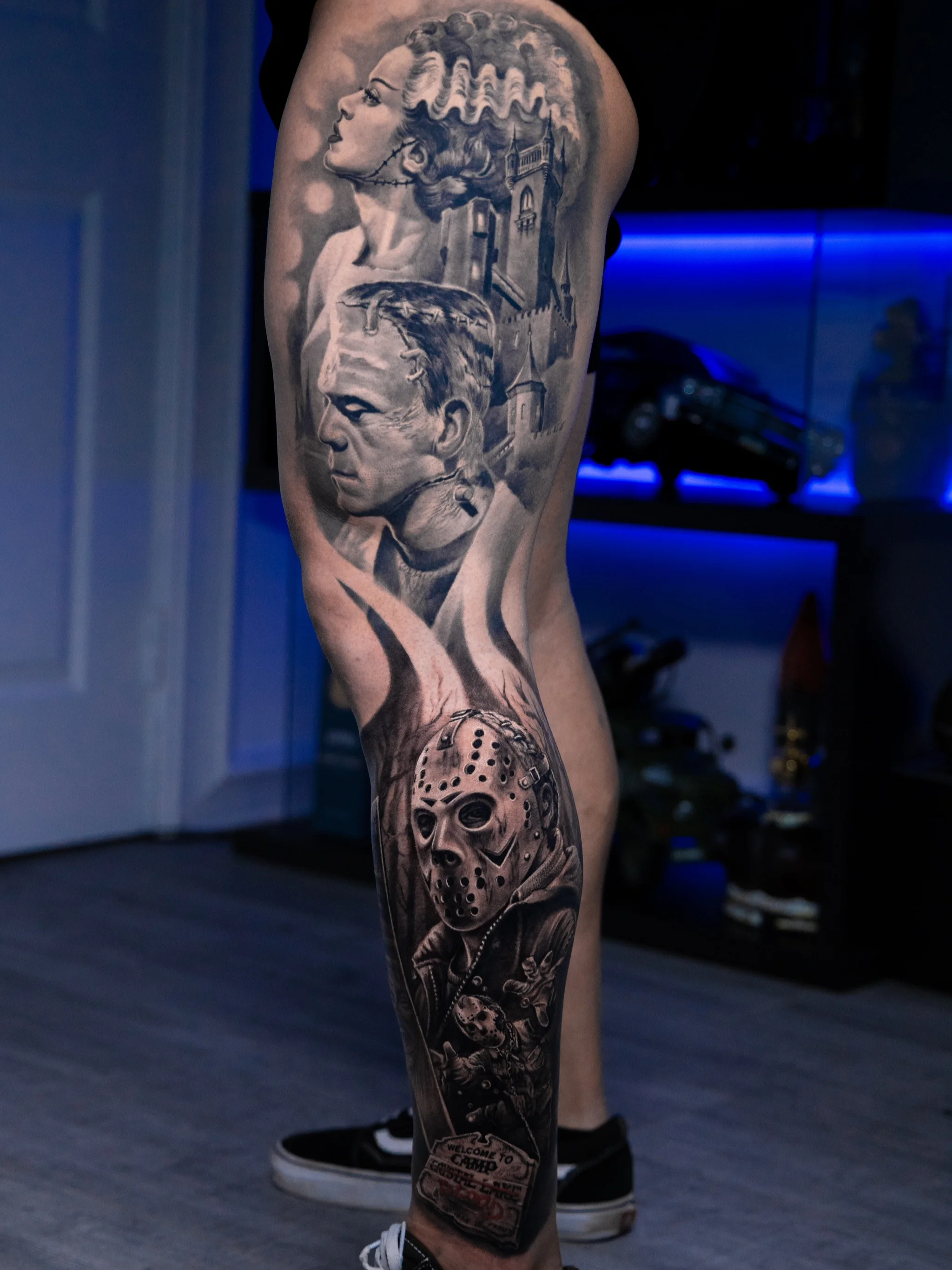 Horror Portrait Full Leg Sleeve: woman, man, castle, masked figure, skull, tombstone