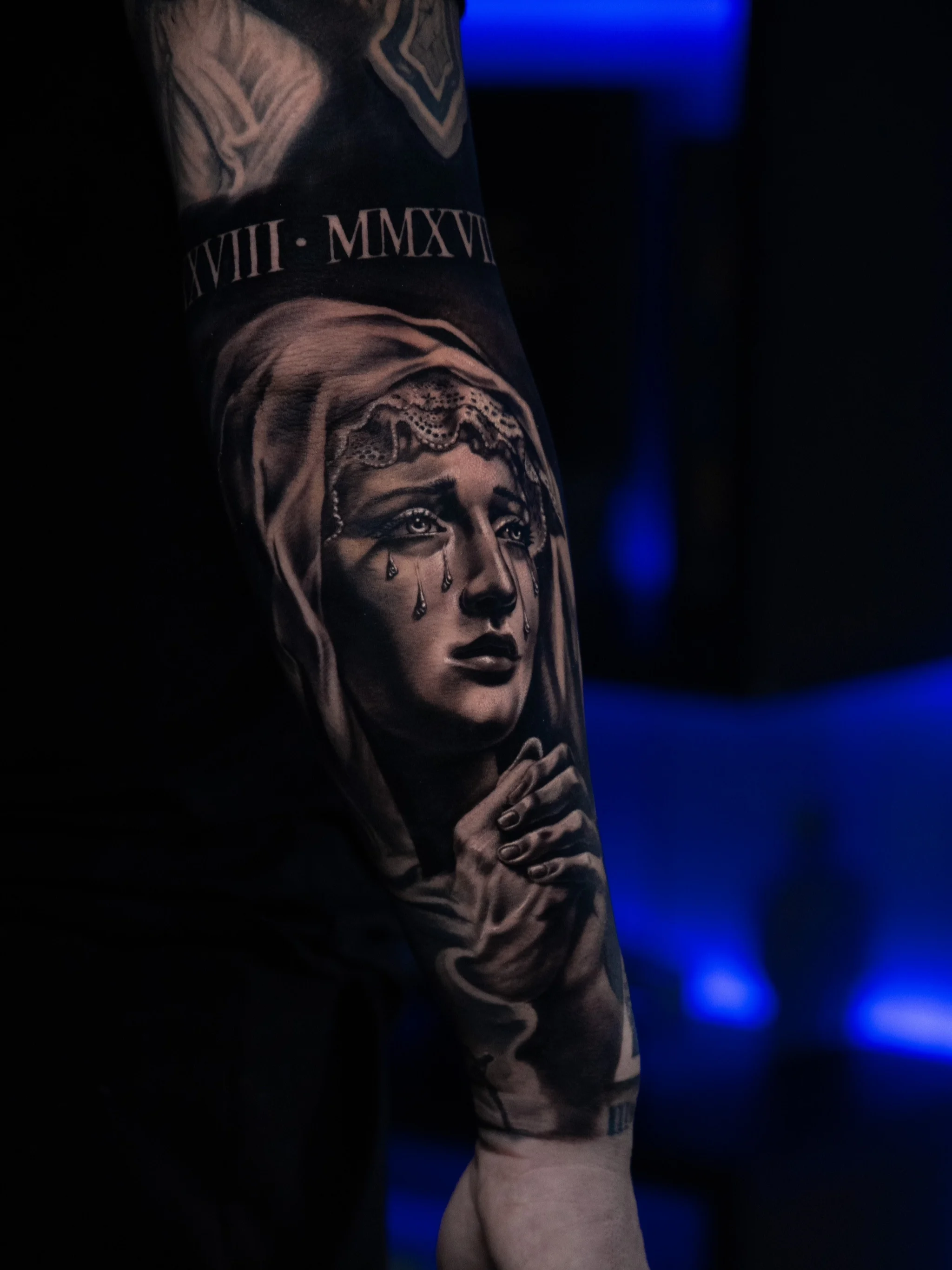 Black & Gray Realism tattoo by T-GRAN Ink: woman, tears, hood, lace