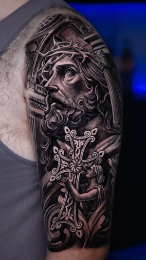Jesus and Cross Black & Grey Half Sleeve