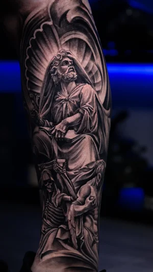 Jesus and Skeleton Black & Grey Forearm