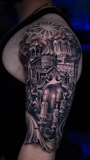 Religious Black & Grey Half Sleeve
