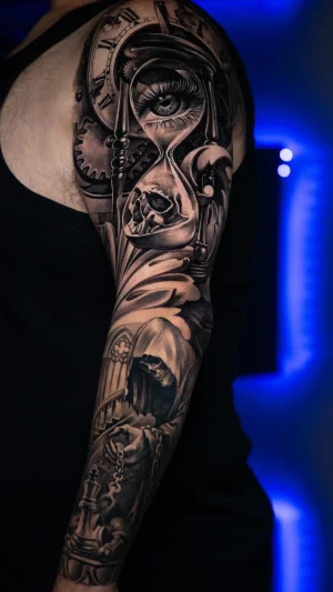 Dark Realistic Full Sleeve with Hourglass and Skull