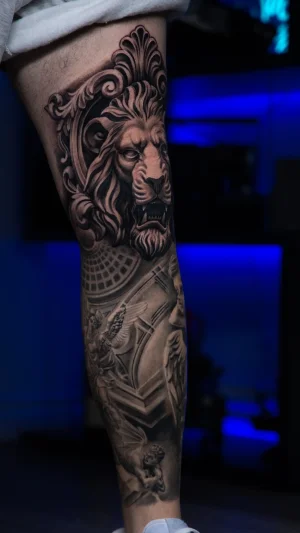 Realistic Lion and Angel Full Leg Sleeve
