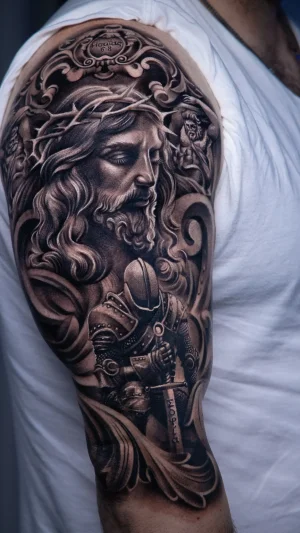 Jesus and Knight Black & Grey Half Sleeve