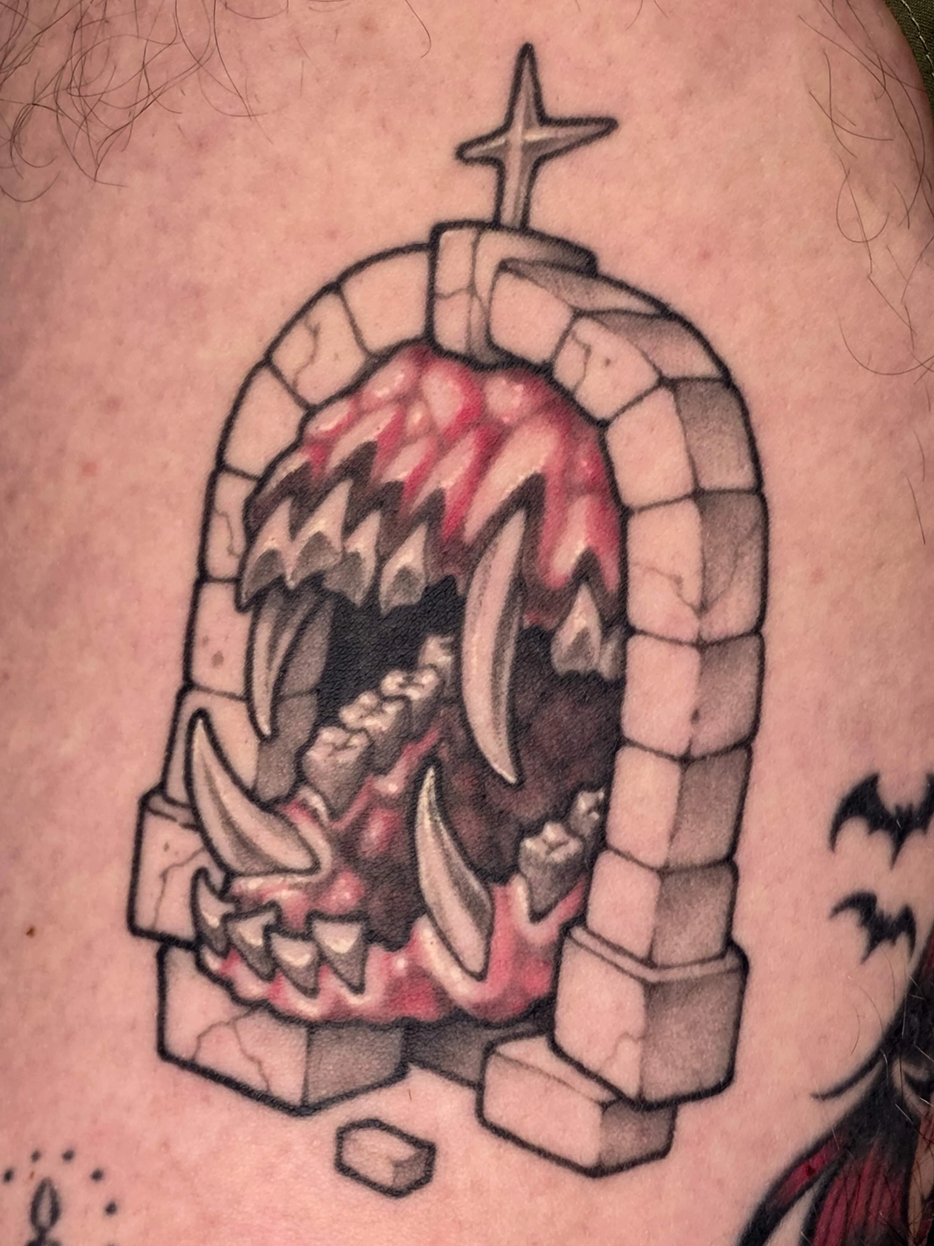 Neo-Traditional tattoo by UrchinBite: monster mouth, sharp teeth, fangs, stone archway