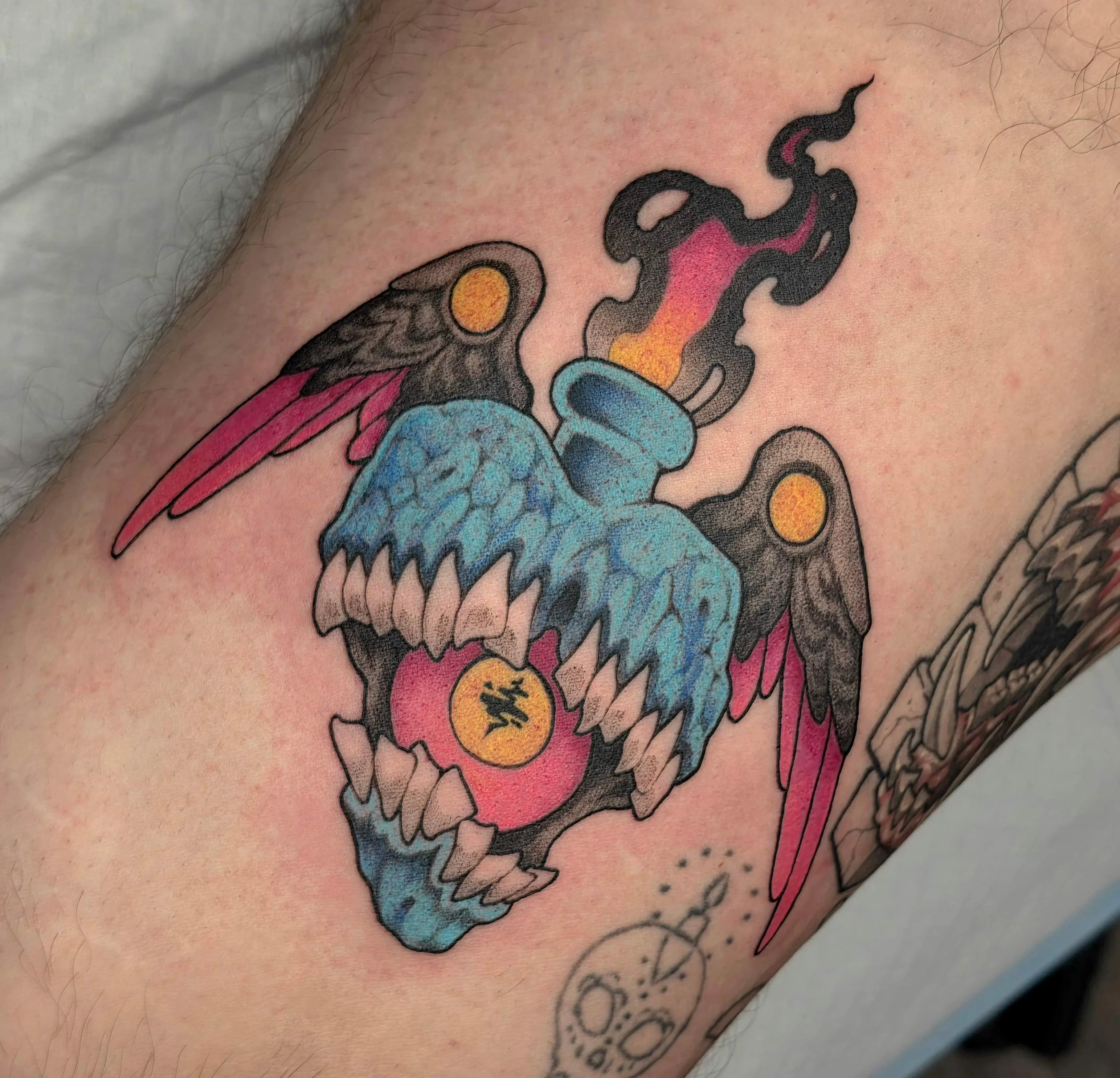 Neo-Traditional tattoo by UrchinBite: bottle, flames, wings, teeth