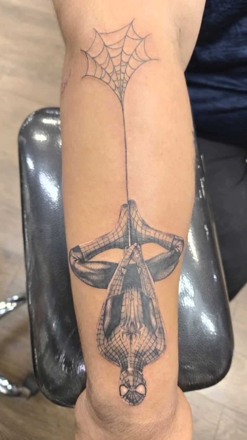 Black & Gray Realism tattoo by Dominic_Mata: spiderman, web, spiderweb, superhero
