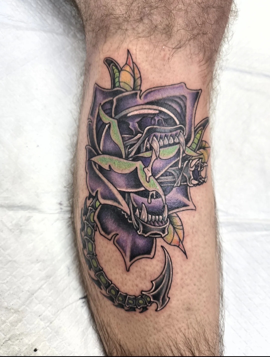 Neo-Traditional tattoo by Dominic_Mata: snake, rose, leaves, fangs