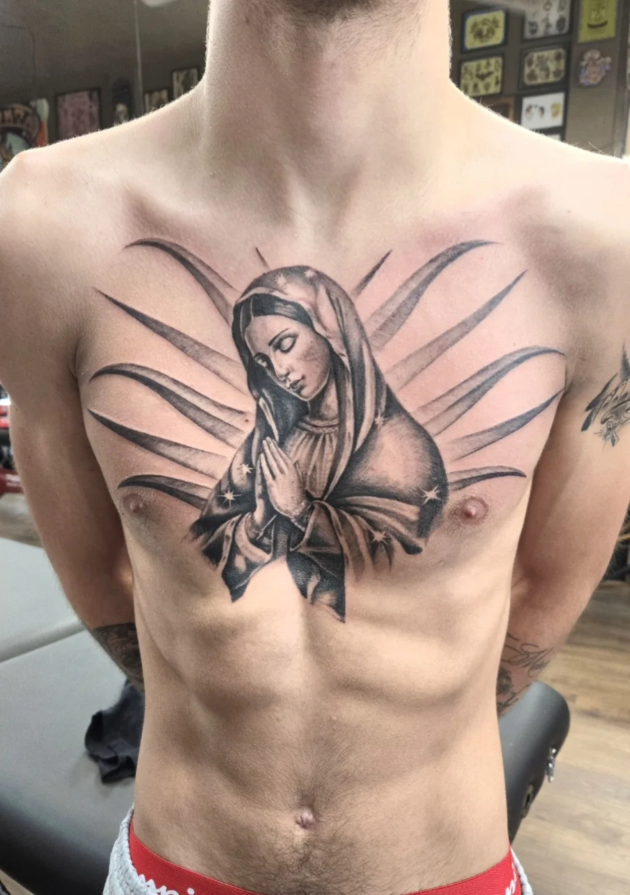 Black & Gray Realism tattoo by Dominic_Mata: woman, praying hands, veil, rays