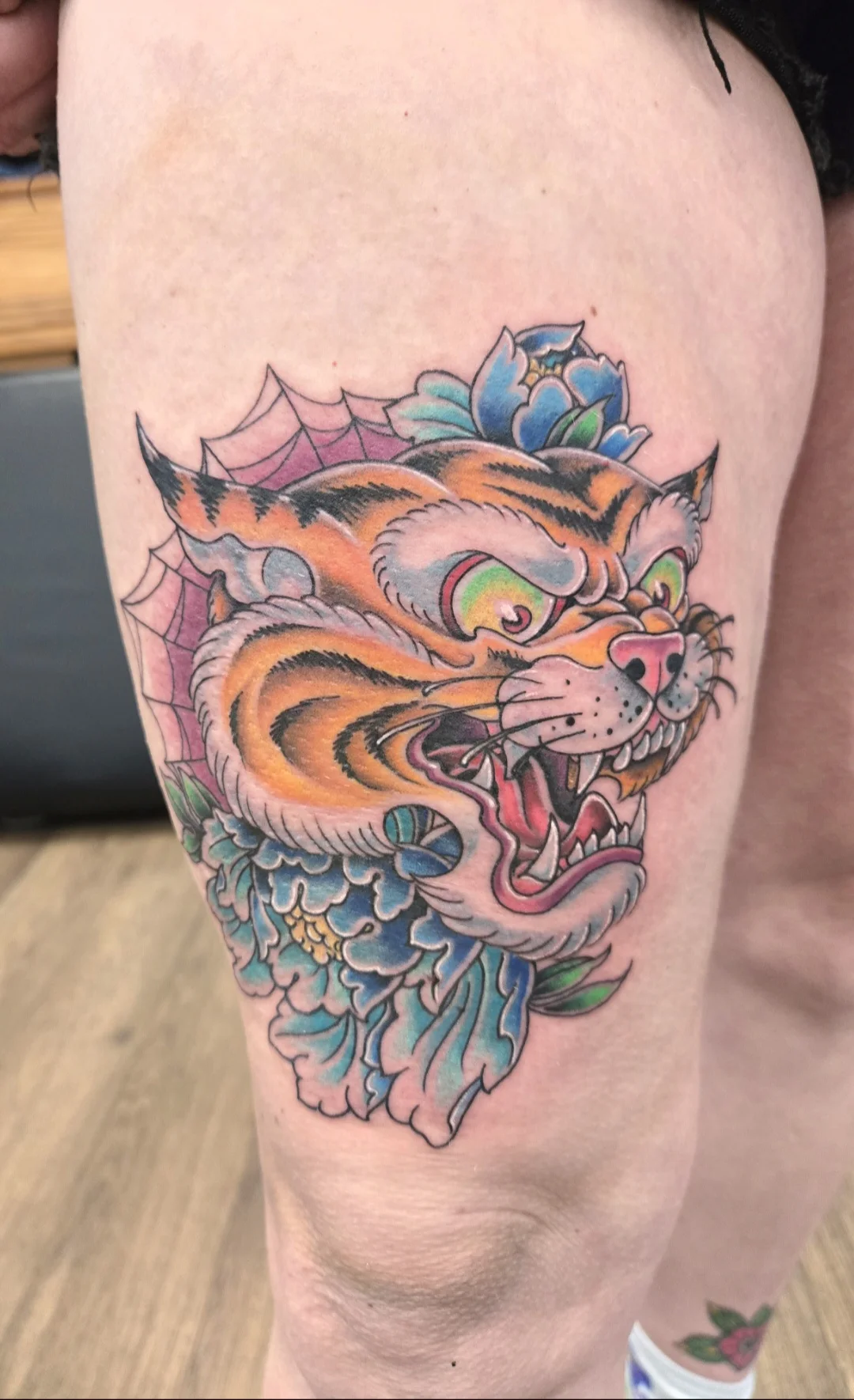 Neo-Traditional tattoo by Dominic_Mata: tiger, flowers, spider web, animal