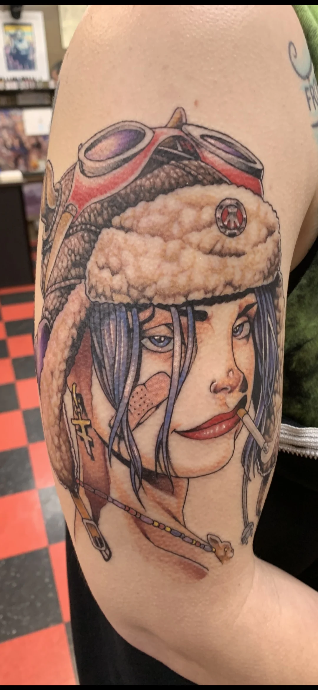 Neo-Traditional tattoo by Dominic_Mata: woman, aviator hat, goggles, cigarette